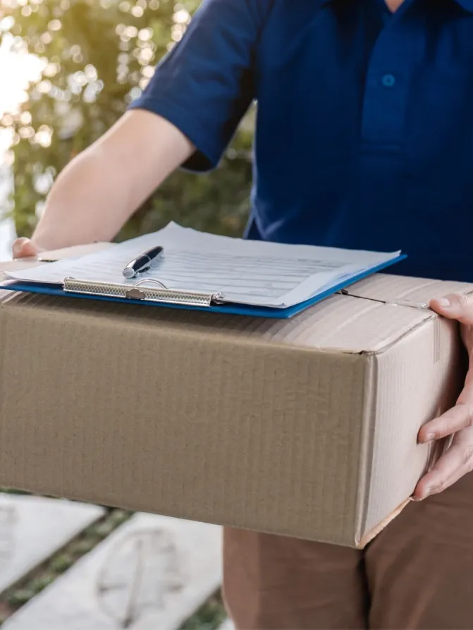 Paketbote mit Klemmbrett auf einem Paket